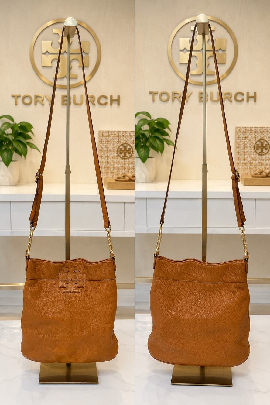 Tory Burch Stacked T Book Crossbody Camel Brown Butter Leather Bag Purse